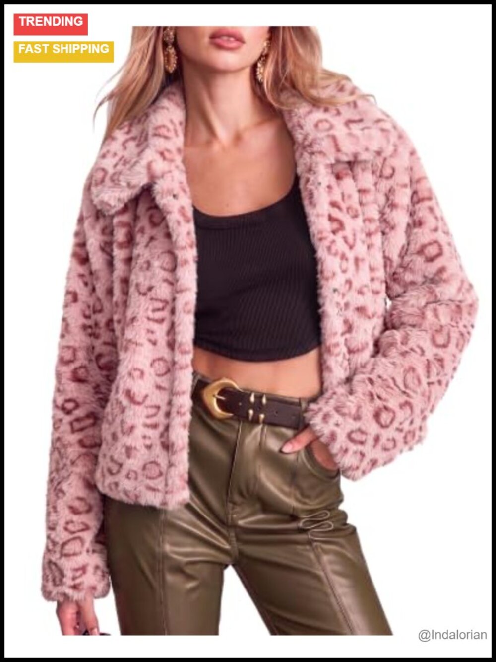 Faux Fur Leopard Print Cropped Jacket Snap Button Women's Winter Coat